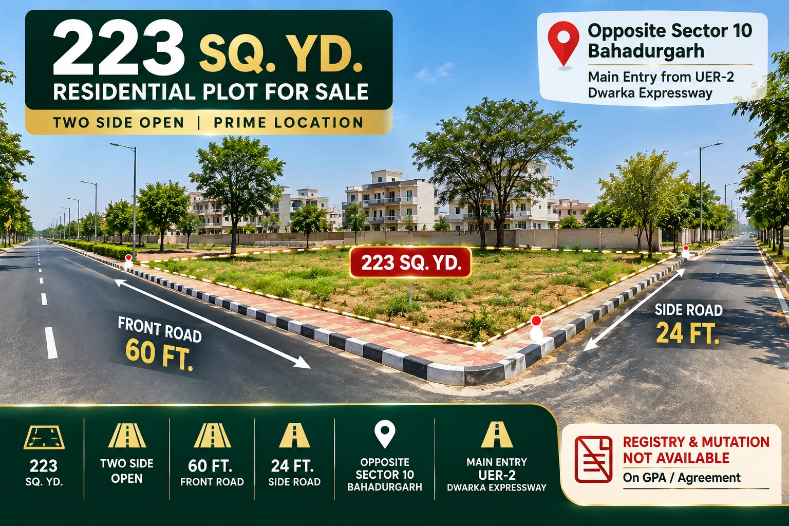223 Sq. Yd. Two-Side Open Plot for Sale | 60 Ft Road | Opp. Sector 10, Bahadurgarh | Near UER-2